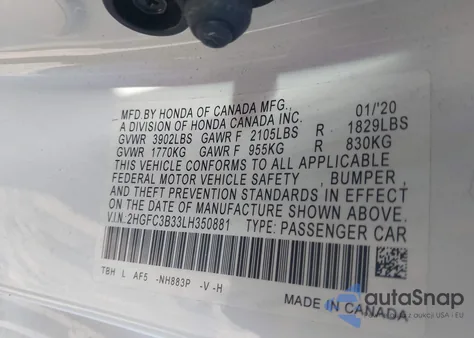 2020 Honda Civic Ex z USA, uszkodzony, nr VIN 2HGFC3B33LH350881